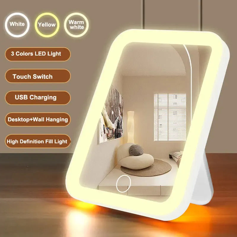 3 Colors LED Vanity Mirror with Touch Screen USB Rechargeable Dimming Makeup Mirror 3 Brightness Portable 3 Colors LED Vanity Mirror with Touch Screen USB Rechargeable Dimming Makeup Mirror 3 Brightness Portable