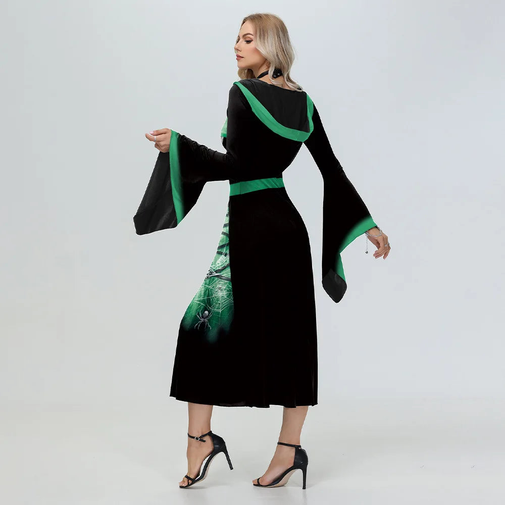 Woman wearing a black and green dress on a white background