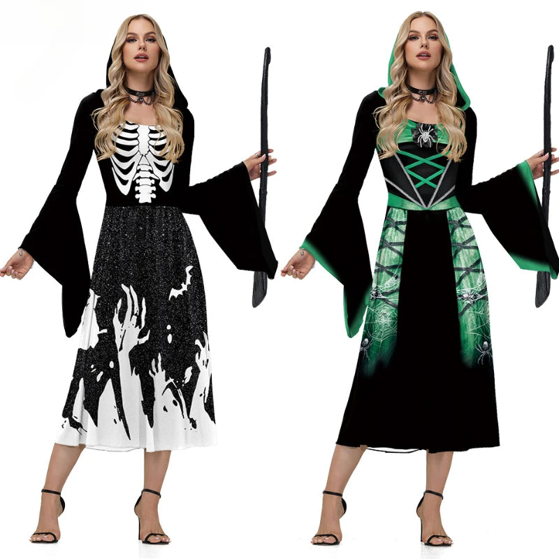 Two Halloween costumes, one with a skeleton design and the other with green and black spider web design, on a white background.
