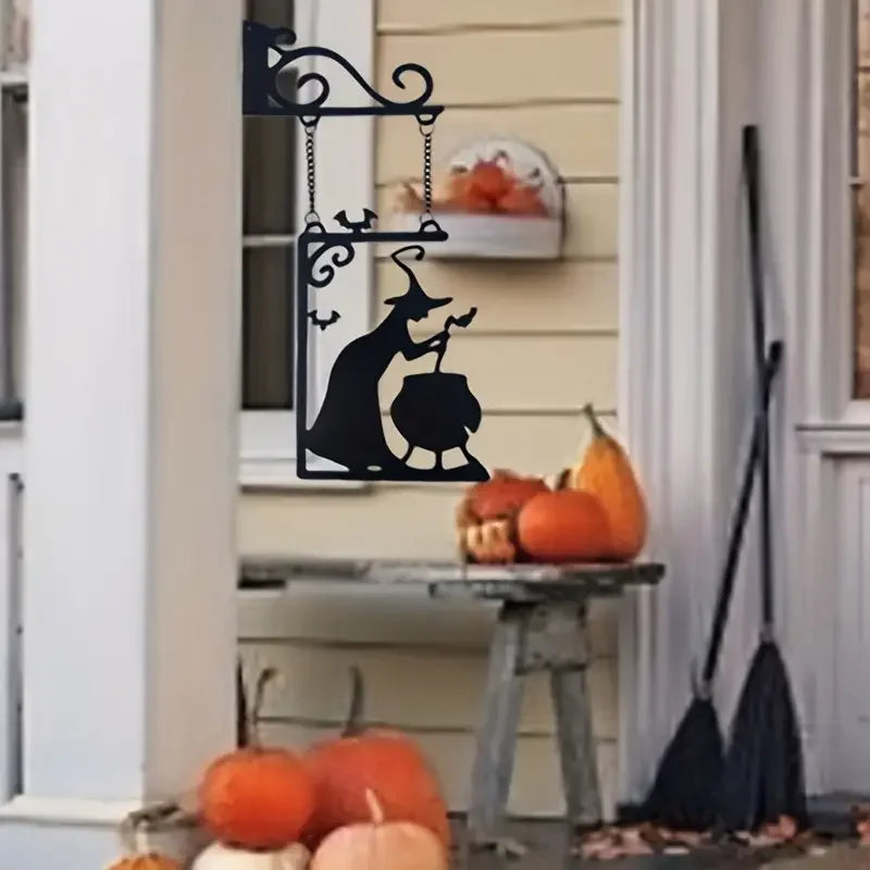 Halloween Metal Sign Witch Shape Iron Witch Boiler Silhouette Wall Mural Spooky Mysterious Witch Hanging Signage Horror