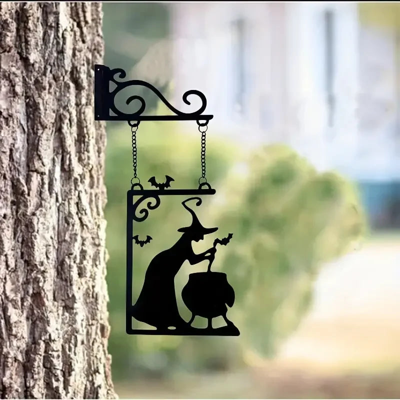 Halloween Metal Sign Witch Shape Iron Witch Boiler Silhouette Wall Mural Spooky Mysterious Witch Hanging Signage Horror
