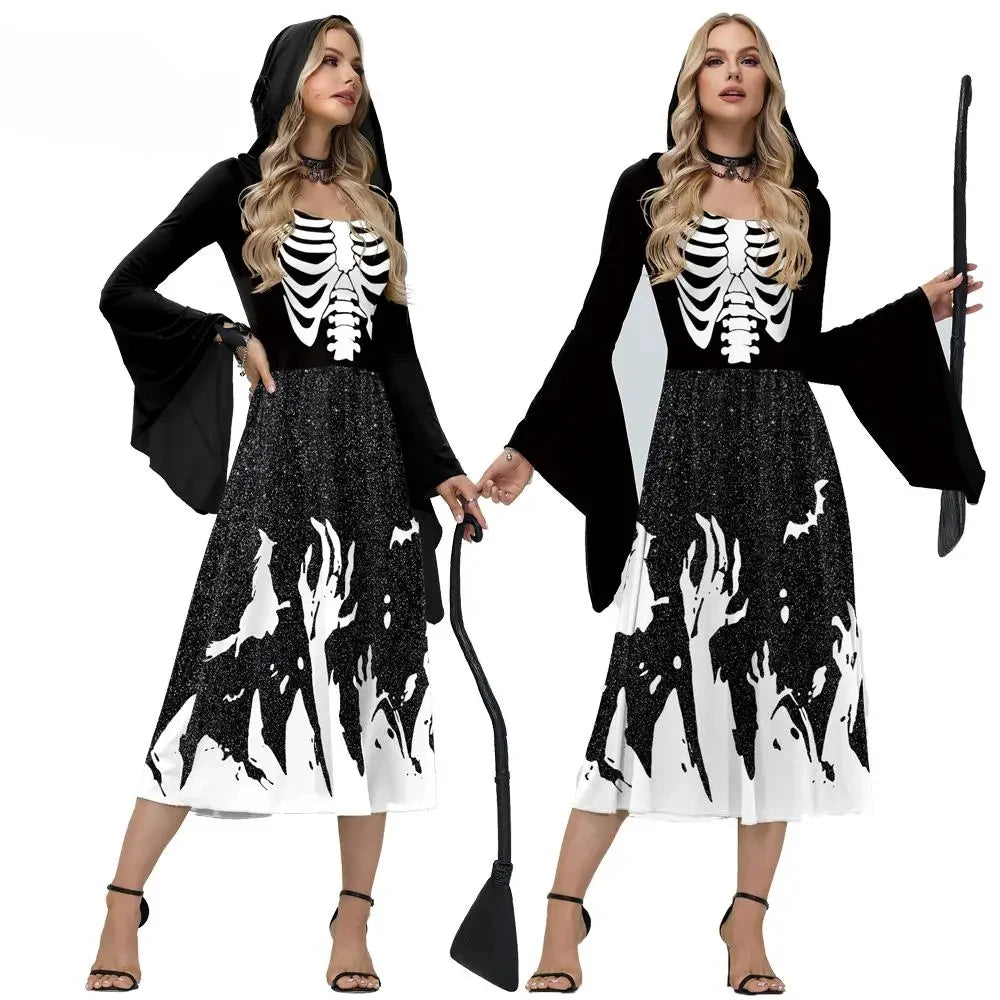 Two women in black and white Halloween costumes with skeleton and ghost designs.