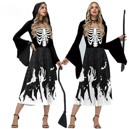 Two women in black and white Halloween costumes with skeleton and ghost designs.