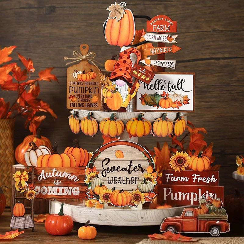Thanksgiving Day Wooden Desktop Ornament Table Decoration Fall Harvest Tiered Tray Decor Pumpkin Maple Leaf Accents Farmhouse