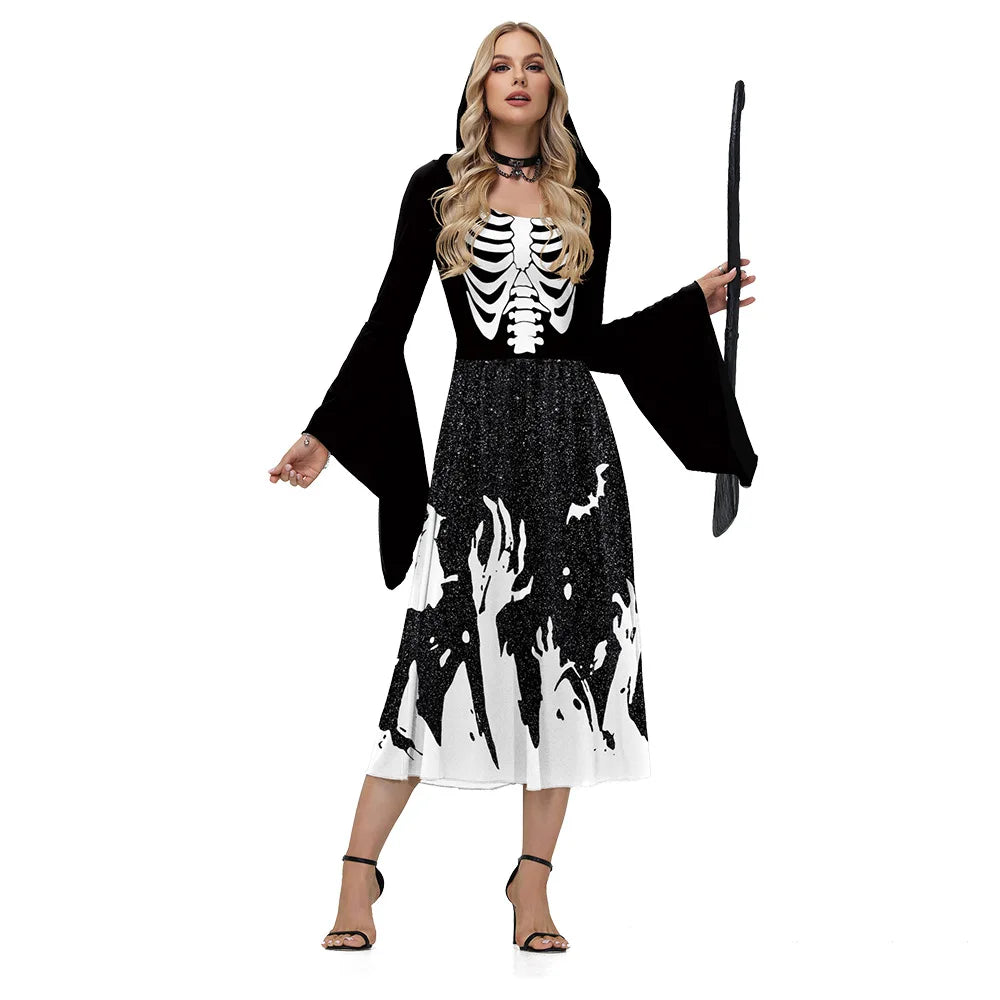 Woman wearing a Halloween costume with a skeleton design on a white background