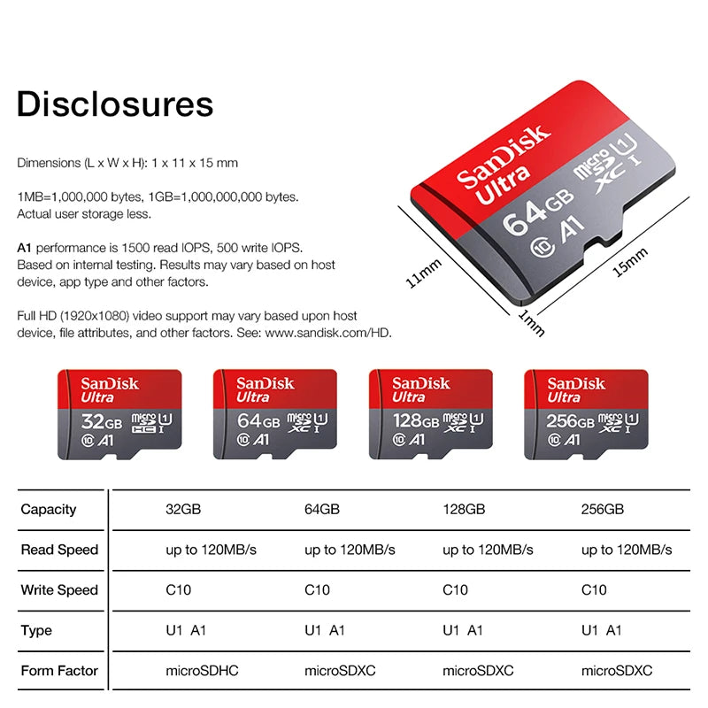 Sandisk Micro SD Card Ultra 32G 64G 256G Memory Card 1TB C 10 512G Original 128G Trans Flash Card for Smartphone Desktop Nintend