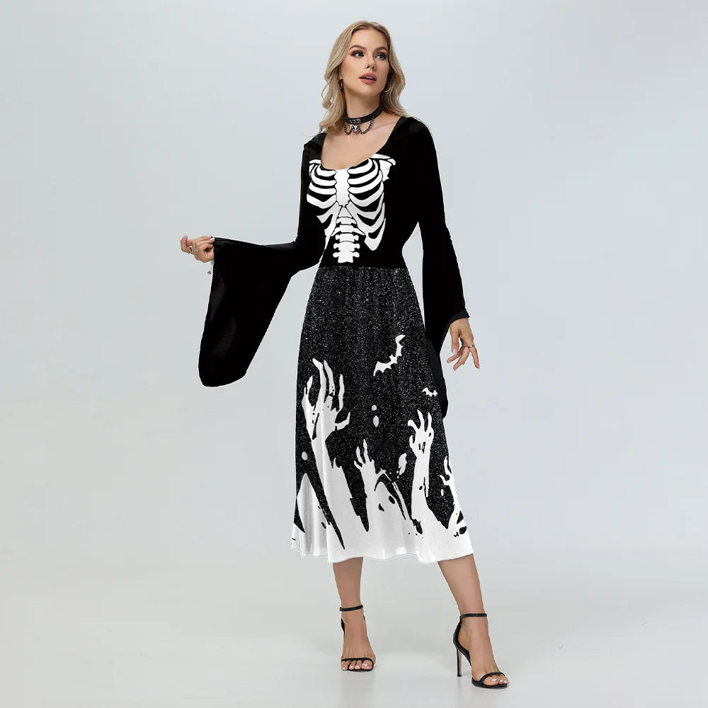 Woman wearing a black and white skeleton-themed outfit on a light gray background