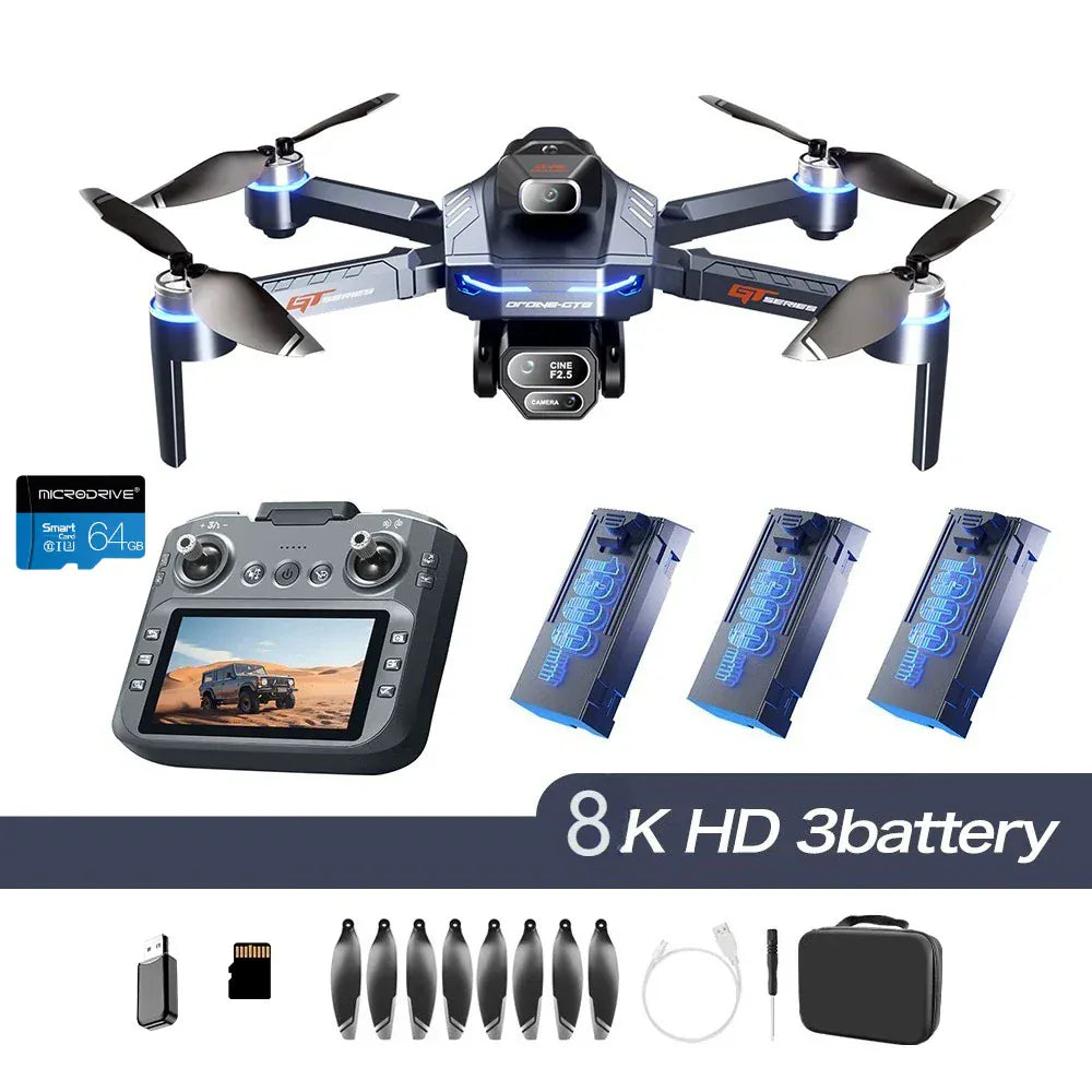 GT8 Drone RTF 4K/8K - Obstacle Avoidance, Screen, 2 Batteries & 64GB Card GT8 Drone 4K HD Camera Obstacle Avoidance Aerial Photography Brushless Drone with Screen Foldable RC Drone Quadcopter RTF