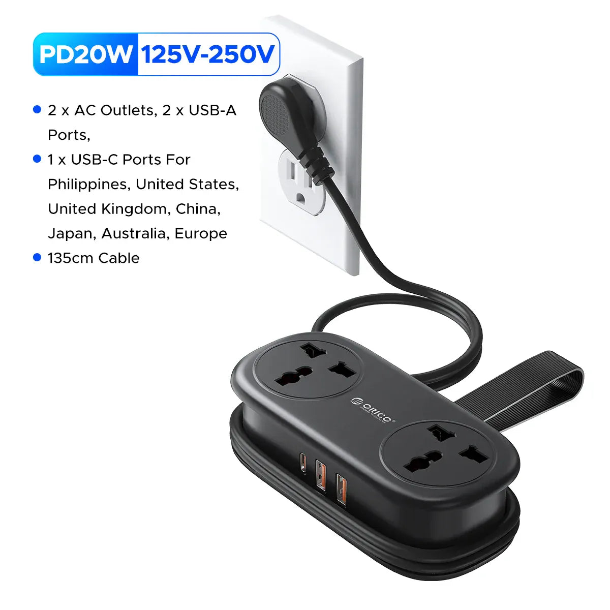 ORICO Plug Electrical Power Strip 2AC Outlets 2 USB 1Type C 1.1M Extension Cord 20W Fast Charging Plugs for Travel AdapterHome ORICO Plug Electrical Power Strip 2AC Outlets 2 USB 1Type C 1.1M Extension Cord 20W Fast Charging Plugs for Travel AdapterHome