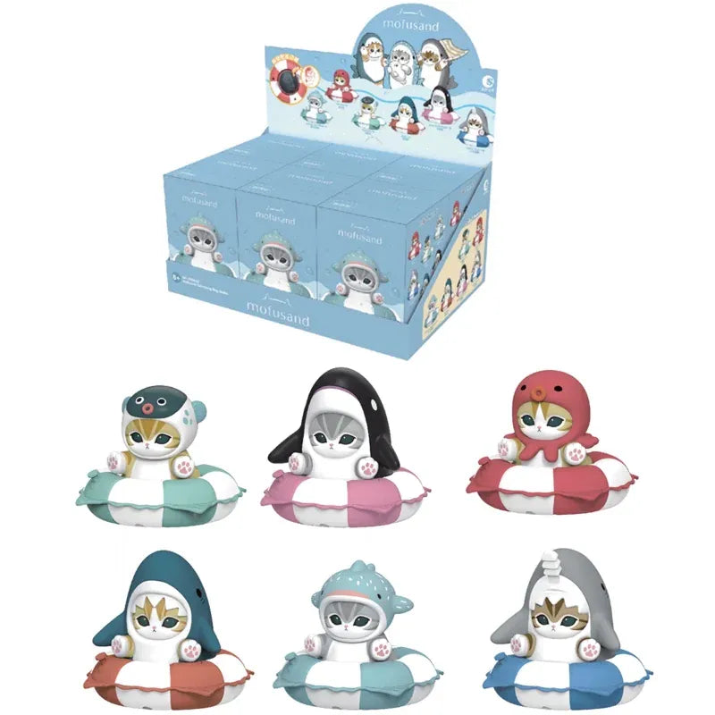 Mofusand Shark Cat Octopus Cat Blind Box Figurines - Swimming Ring Series Original Mofusand In Stock Shark Cat Octopus Cat Pufferfish Cat Swimming Ring Series Blind Box Figurine Model Toys Gifts