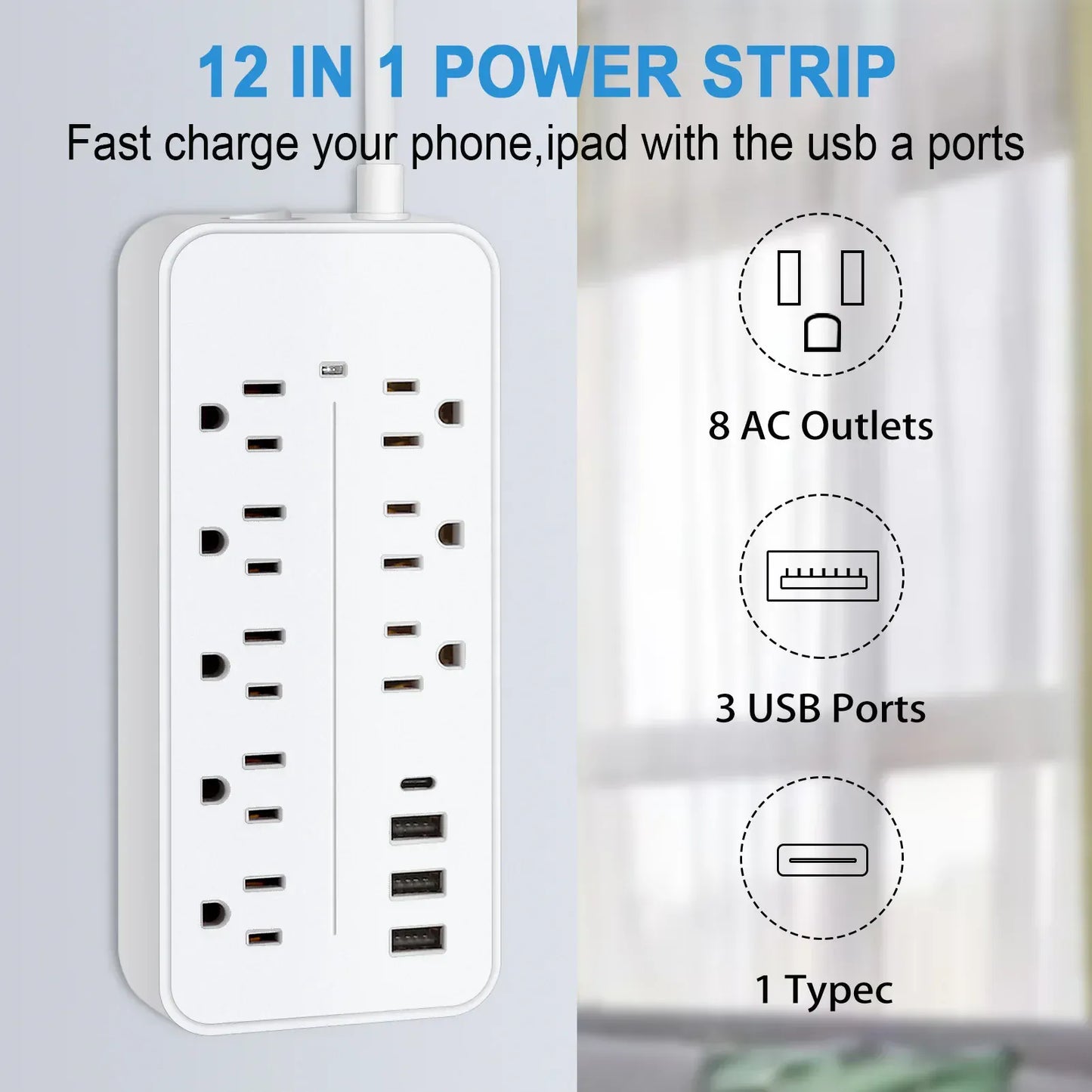 Power Strip US Plug AC Outlets w/ USB C Ports Fast Charging Network Filter Adapter Power Strip US Plug AC Outlets w/ USB C Ports Fast Charging Network Filter Adapter