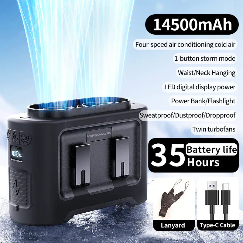 Socoolfan 14500mAh Outdoor Fan Portable Waist Hanging Neck Strong Dual Air Vents Fans for Travel Sports Courier Outdoor Working Socoolfan 14500mAh Outdoor Fan Portable Waist Hanging Neck Strong Dual Air Vents Fans for Travel Sports Courier Outdoor Working