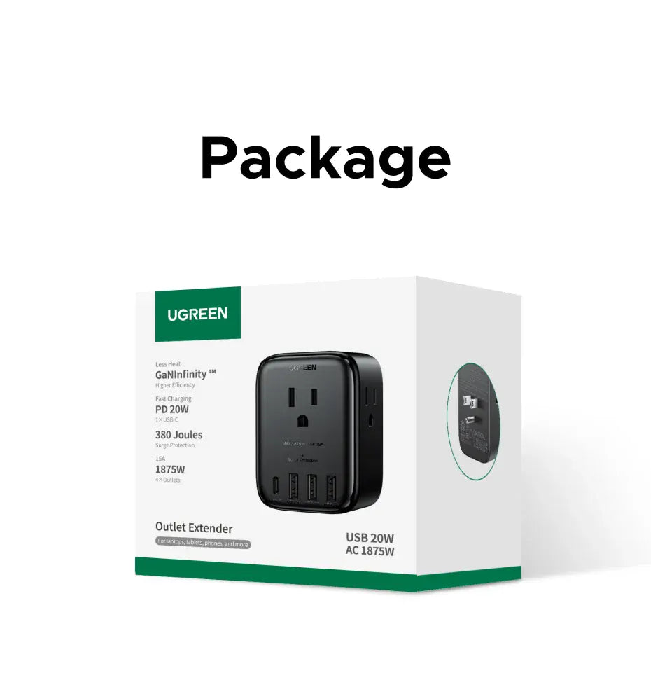 UGREEN Outlet Extender 20W Power Strip 4 AC Outlets 3 USB-A 1 USB-C Wall Charger for Home Office Travel 1875W 15A 125V UGREEN Outlet Extender 20W Power Strip 4 AC Outlets 3 USB-A 1 USB-C Wall Charger for Home Office Travel 1875W 15A 125V