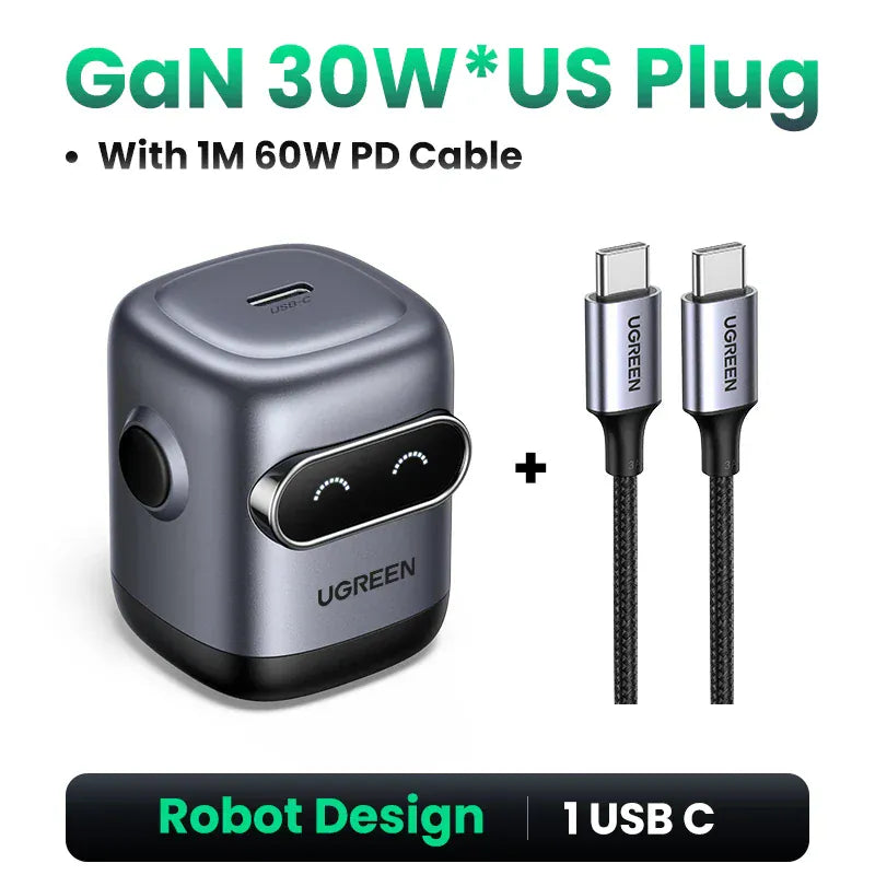【US Plug】UGREEN 65W 30W GaN Charger Robot Design QC4.0 3.0 PPS for iPhone 17 16 15 Pro Macbook Laptops Tablet PD3.0 Fast Charg 【US Plug】UGREEN 65W 30W GaN Charger Robot Design QC4.0 3.0 PPS for iPhone 17 16 15 Pro Macbook Laptops Tablet PD3.0 Fast Charg