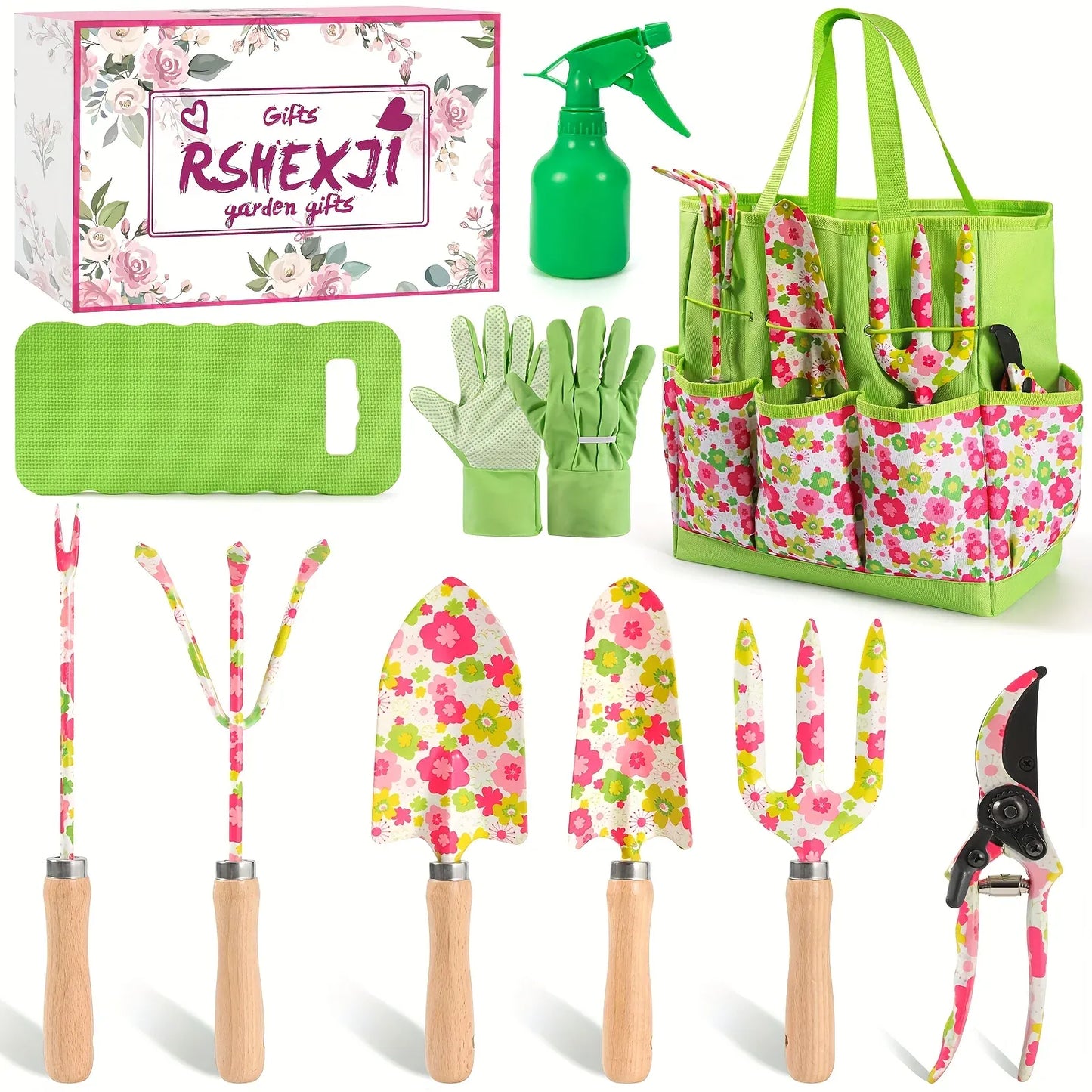 10-Piece Garden Tool Set with Floral Bag — Gift for Women | Wahooly 10-Piece Heavy-Duty Garden Tool Set with Floral Organizer Bag — The Perfect Gift for Women Who Love to Grow