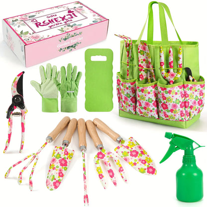 10-Piece Garden Tool Set with Floral Bag — Gift for Women | Wahooly 10-Piece Heavy-Duty Garden Tool Set with Floral Organizer Bag — The Perfect Gift for Women Who Love to Grow