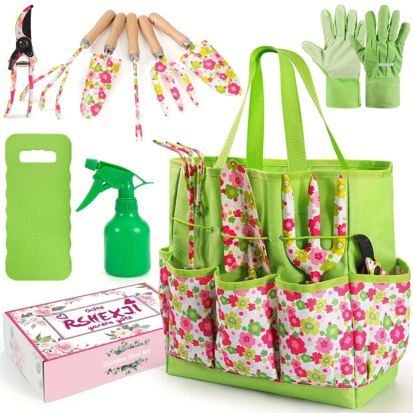 10-Piece Garden Tool Set with Floral Bag — Gift for Women | Wahooly 10-Piece Heavy-Duty Garden Tool Set with Floral Organizer Bag — The Perfect Gift for Women Who Love to Grow