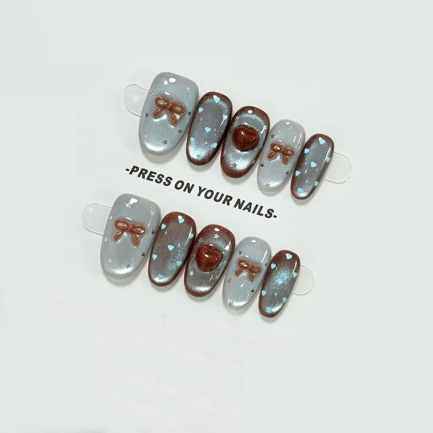 10pcs Medium Oval Handmade Nails Autumn/Winter Blue-Brown Cat Eye Press on Nail for Women&Girl Heart Bow Removable Wearable Nail 10pcs Medium Oval Handmade Nails Autumn/Winter Blue-Brown Cat Eye Press on Nail for Women&Girl Heart Bow Removable Wearable Nail