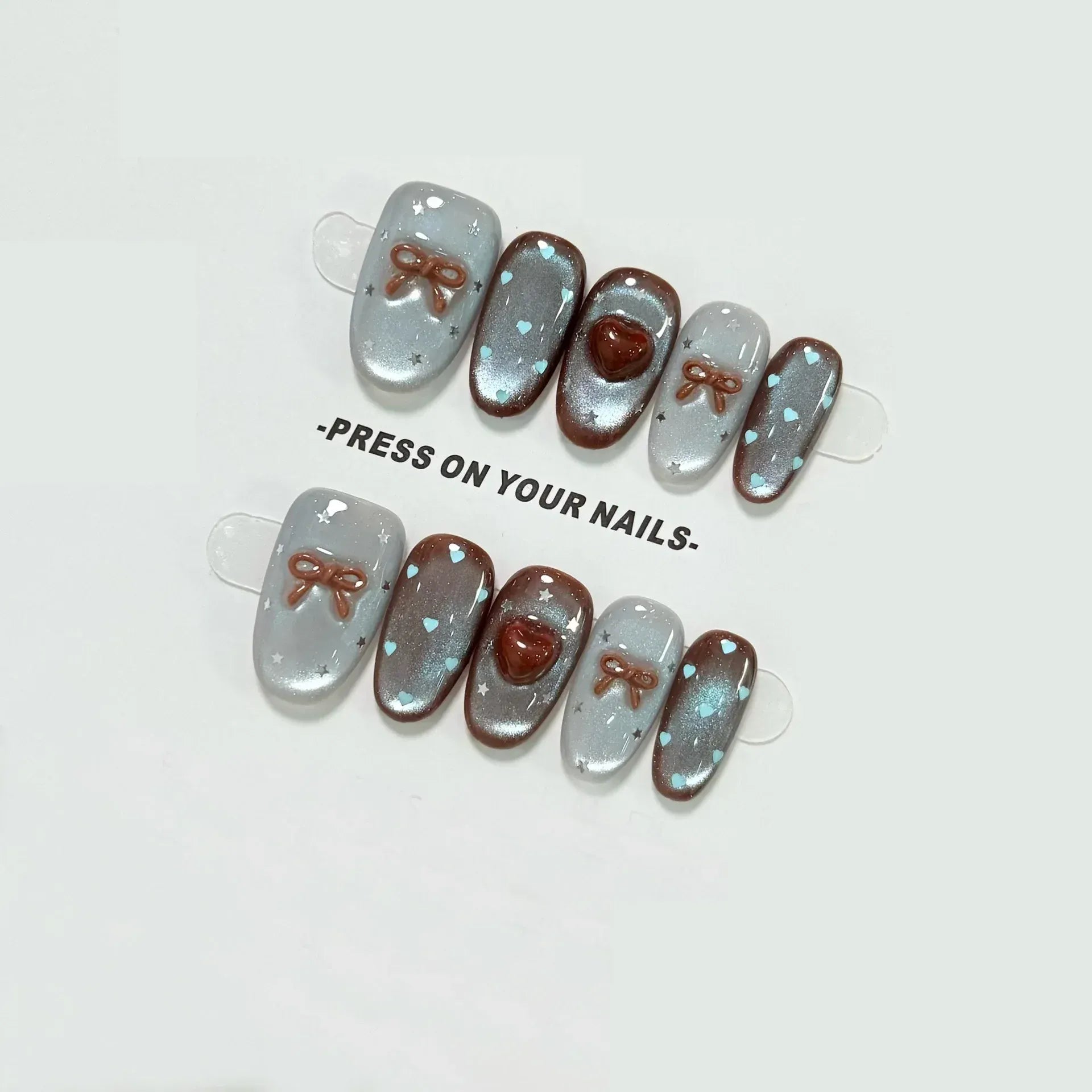 10pcs Medium Oval Handmade Nails Autumn/Winter Blue-Brown Cat Eye Press on Nail for Women&Girl Heart Bow Removable Wearable Nail 10pcs Medium Oval Handmade Nails Autumn/Winter Blue-Brown Cat Eye Press on Nail for Women&Girl Heart Bow Removable Wearable Nail