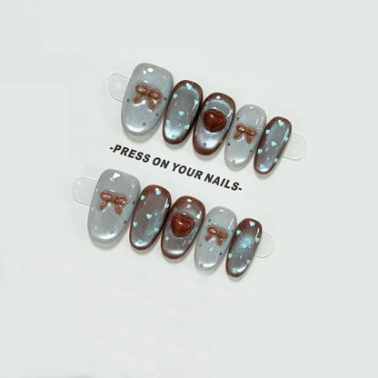 10pcs Medium Oval Handmade Nails Autumn/Winter Blue-Brown Cat Eye Press on Nail for Women&Girl Heart Bow Removable Wearable Nail 10pcs Medium Oval Handmade Nails Autumn/Winter Blue-Brown Cat Eye Press on Nail for Women&Girl Heart Bow Removable Wearable Nail
