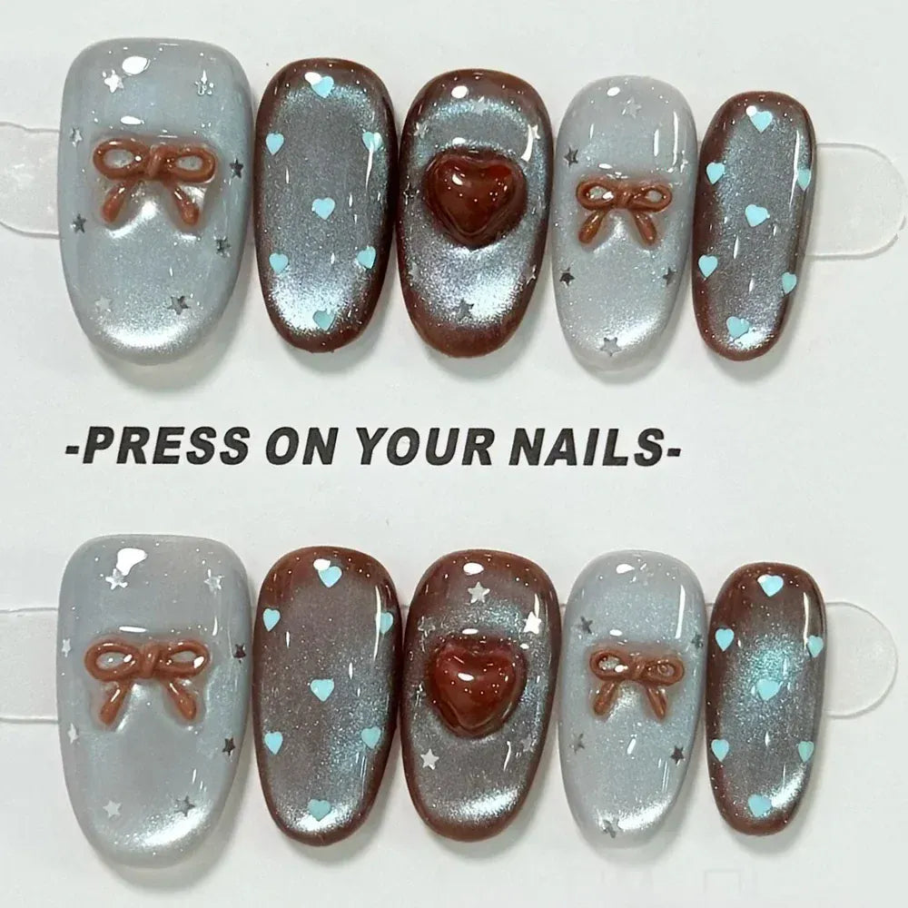 10pcs Medium Oval Handmade Nails Autumn/Winter Blue-Brown Cat Eye Press on Nail for Women&Girl Heart Bow Removable Wearable Nail 10pcs Medium Oval Handmade Nails Autumn/Winter Blue-Brown Cat Eye Press on Nail for Women&Girl Heart Bow Removable Wearable Nail