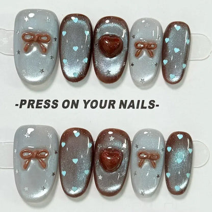 10pcs Medium Oval Handmade Nails Autumn/Winter Blue-Brown Cat Eye Press on Nail for Women&Girl Heart Bow Removable Wearable Nail 10pcs Medium Oval Handmade Nails Autumn/Winter Blue-Brown Cat Eye Press on Nail for Women&Girl Heart Bow Removable Wearable Nail