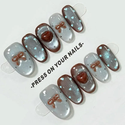10pcs Medium Oval Handmade Nails Autumn/Winter Blue-Brown Cat Eye Press on Nail for Women&Girl Heart Bow Removable Wearable Nail 10pcs Medium Oval Handmade Nails Autumn/Winter Blue-Brown Cat Eye Press on Nail for Women&Girl Heart Bow Removable Wearable Nail