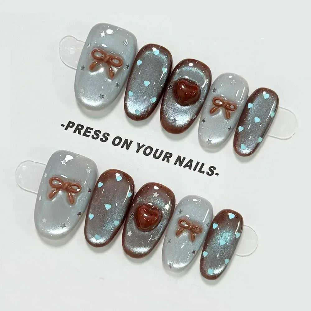 10pcs Medium Oval Handmade Nails Autumn/Winter Blue-Brown Cat Eye Press on Nail for Women&Girl Heart Bow Removable Wearable Nail 10pcs Medium Oval Handmade Nails Autumn/Winter Blue-Brown Cat Eye Press on Nail for Women&Girl Heart Bow Removable Wearable Nail