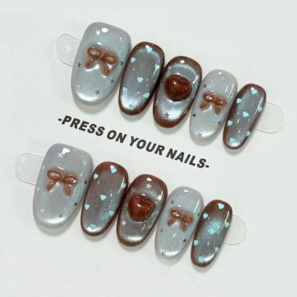 10pcs Medium Oval Handmade Nails Autumn/Winter Blue-Brown Cat Eye Press on Nail for Women&Girl Heart Bow Removable Wearable Nail 10pcs Medium Oval Handmade Nails Autumn/Winter Blue-Brown Cat Eye Press on Nail for Women&Girl Heart Bow Removable Wearable Nail