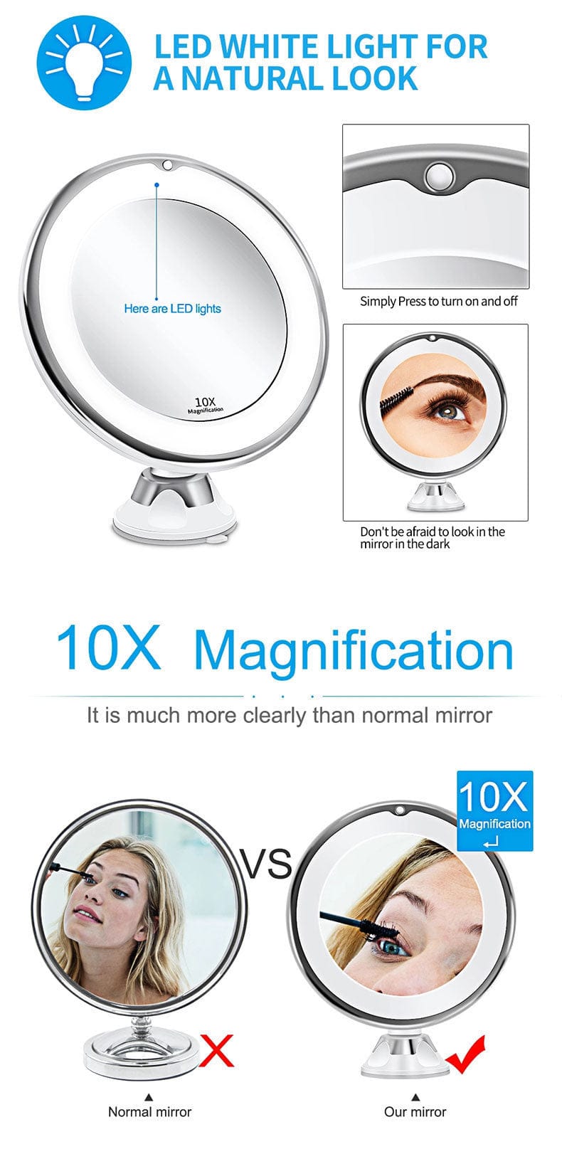 10x Magnifying Vanity Mirror with Lights Touch Screen LED Lighting 10x Magnifying Vanity Mirror with Lights Touch Screen LED Lighting