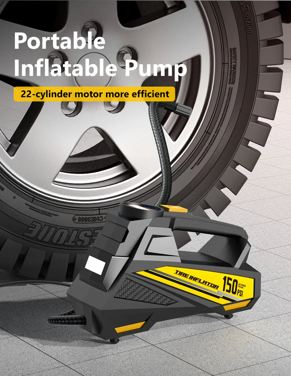 12V 150PSI Tire Inflator – 22-Cylinder Motor, Auto Shut-Off & LED Display | Wahooly 12V 150PSI Tire Inflator with 22-Cylinder Motor – Inflates R16 Tire in 6 Min, LED Display & Auto Shut-Off