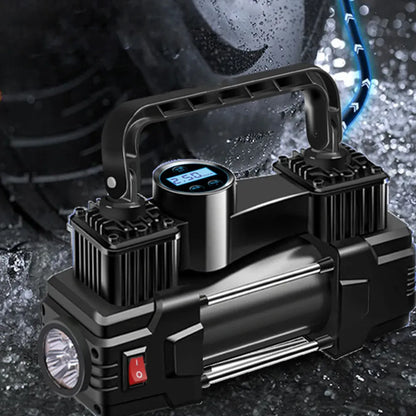 12V Portable Tire Inflator – Heavy Duty Dual Cylinder Air Compressor | Wahooly 12V Heavy Duty Portable Tire Inflator with Digital Gauge & LED Light