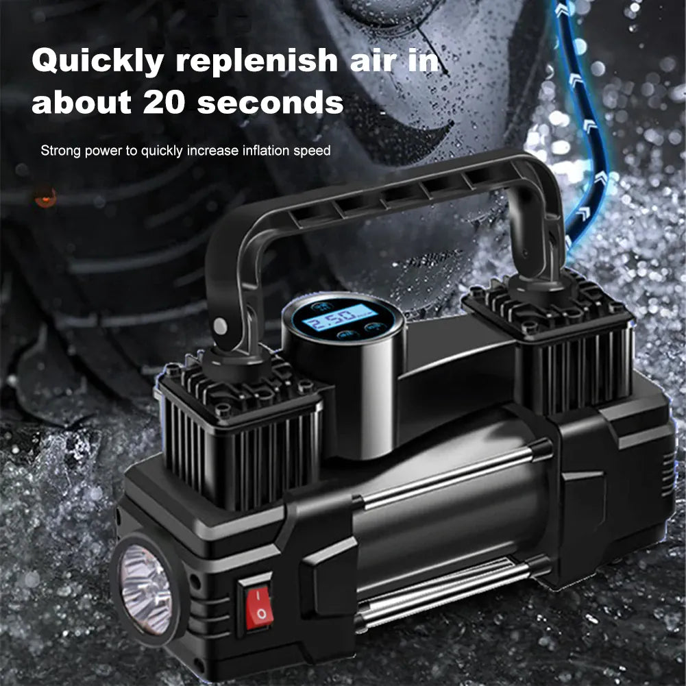 12V Portable Tire Inflator – Heavy Duty Dual Cylinder Air Compressor | Wahooly 12V Heavy Duty Portable Tire Inflator with Digital Gauge & LED Light