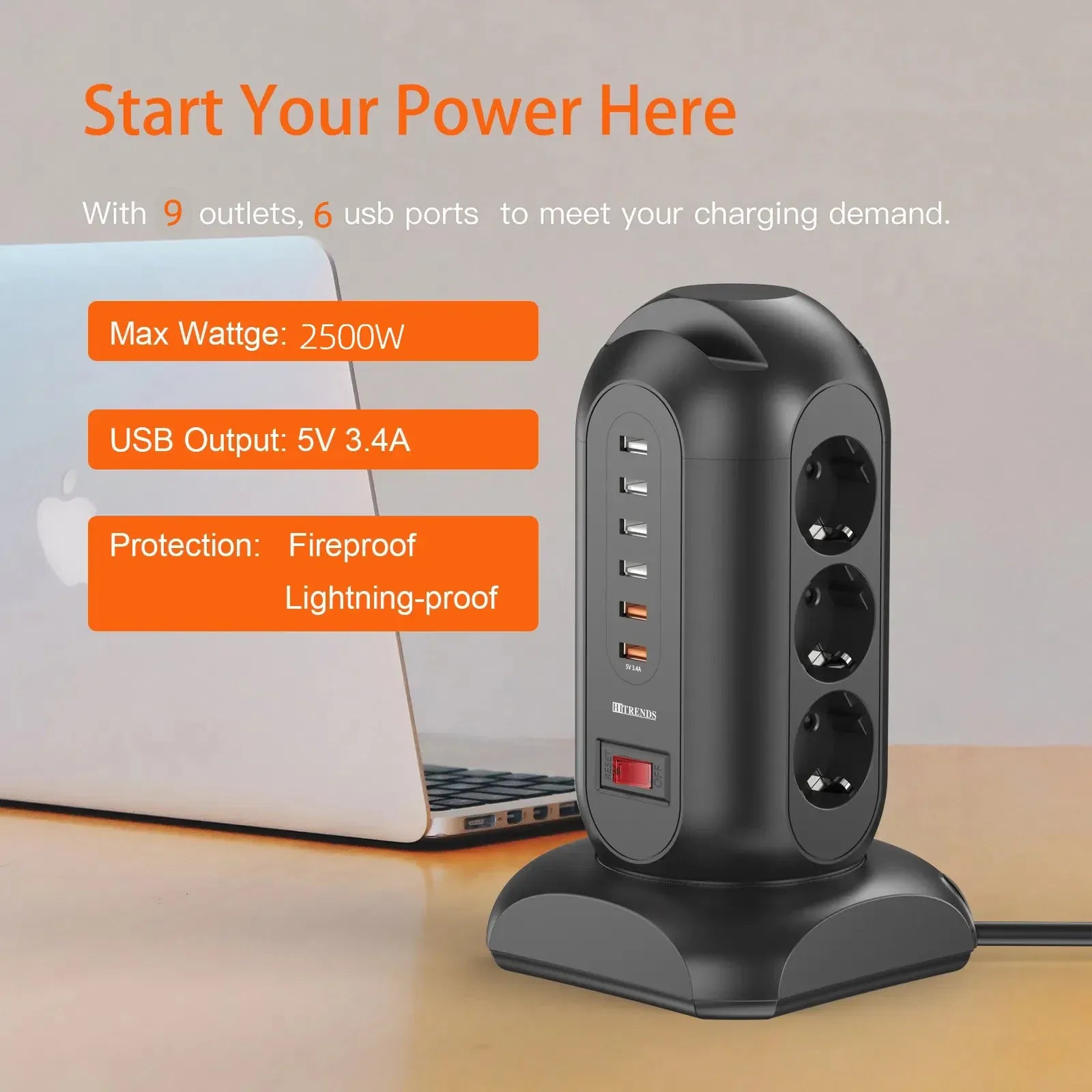 15-in-1 tower power strip 2500W, 9 sockets, 6 USB charging ports, retractable 1.8-meter extension cord expansion plug 15-in-1 tower power strip 2500W, 9 sockets, 6 USB charging ports, retractable 1.8-meter extension cord expansion plug