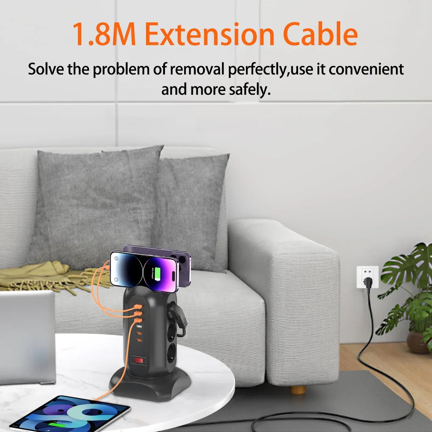 15-in-1 tower power strip 2500W, 9 sockets, 6 USB charging ports, retractable 1.8-meter extension cord expansion plug 15-in-1 tower power strip 2500W, 9 sockets, 6 USB charging ports, retractable 1.8-meter extension cord expansion plug