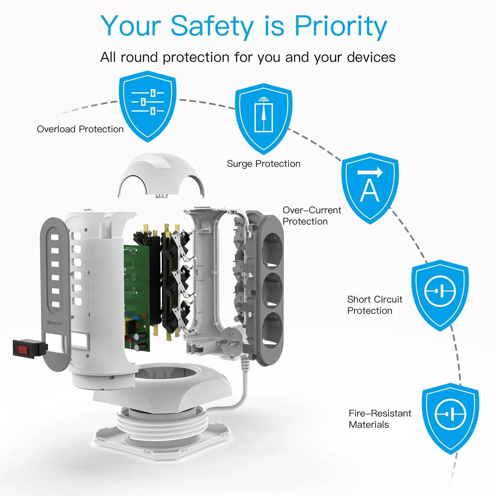 15-in-1 tower power strip 2500W, 9 sockets, 6 USB charging ports, retractable 1.8-meter extension cord expansion plug 15-in-1 tower power strip 2500W, 9 sockets, 6 USB charging ports, retractable 1.8-meter extension cord expansion plug