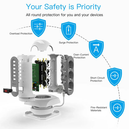 15-in-1 tower power strip 2500W, 9 sockets, 6 USB charging ports, retractable 1.8-meter extension cord expansion plug 15-in-1 tower power strip 2500W, 9 sockets, 6 USB charging ports, retractable 1.8-meter extension cord expansion plug