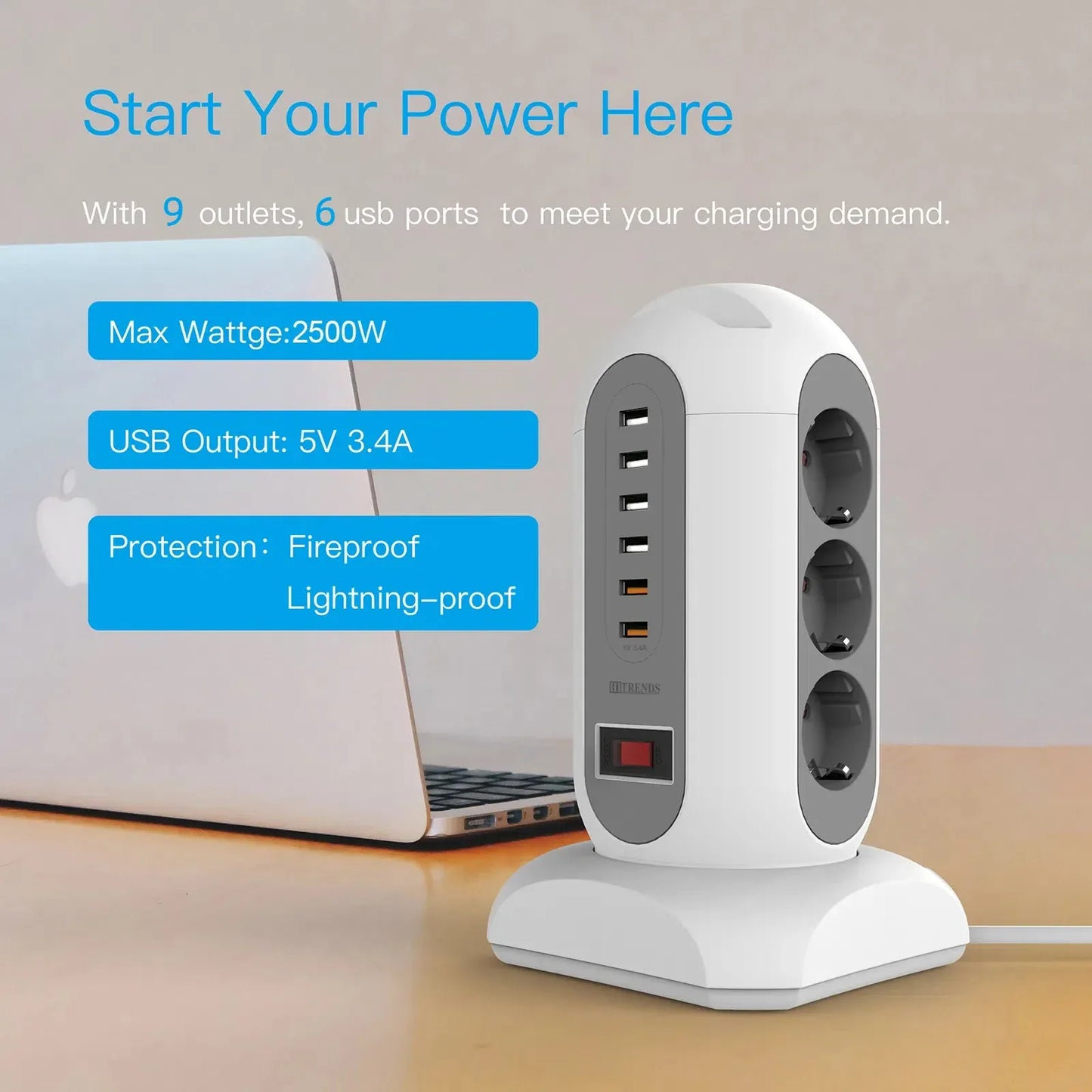 15-in-1 tower power strip 2500W, 9 sockets, 6 USB charging ports, retractable 1.8-meter extension cord expansion plug 15-in-1 tower power strip 2500W, 9 sockets, 6 USB charging ports, retractable 1.8-meter extension cord expansion plug