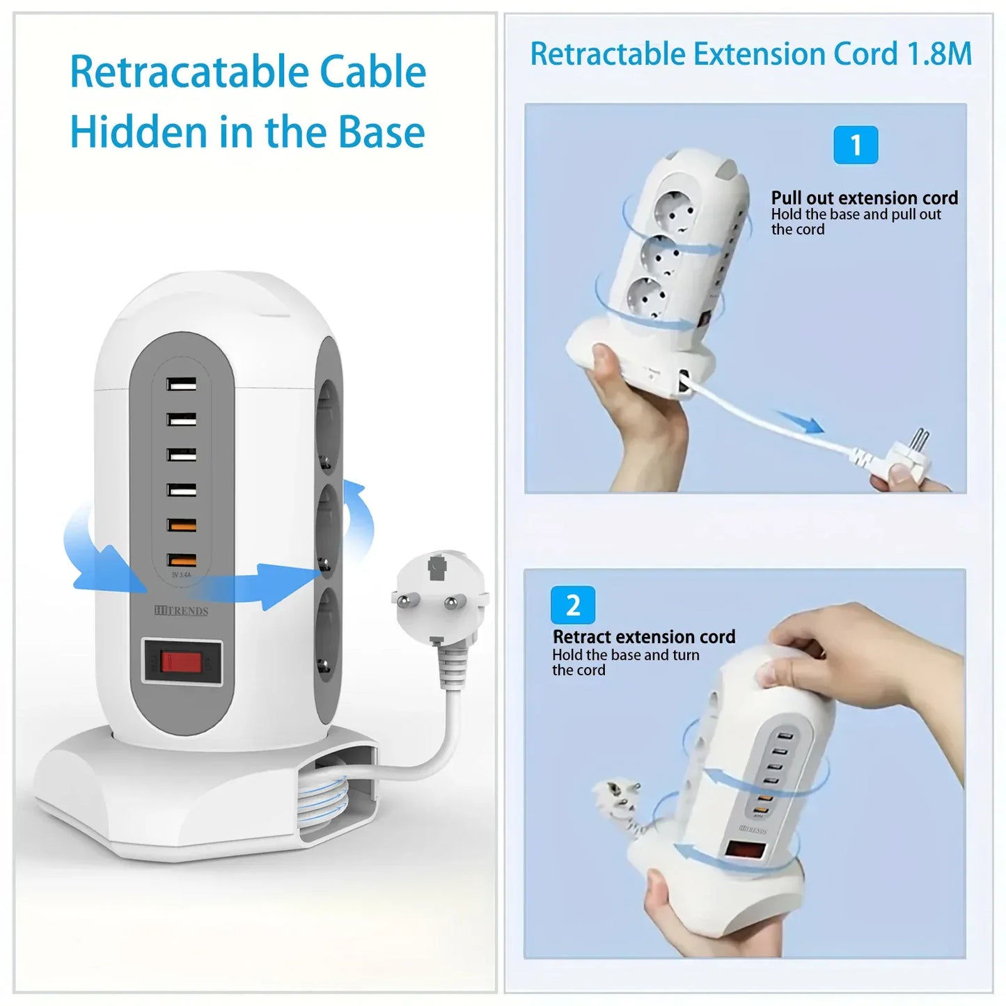 15-in-1 tower power strip 2500W, 9 sockets, 6 USB charging ports, retractable 1.8-meter extension cord expansion plug 15-in-1 tower power strip 2500W, 9 sockets, 6 USB charging ports, retractable 1.8-meter extension cord expansion plug