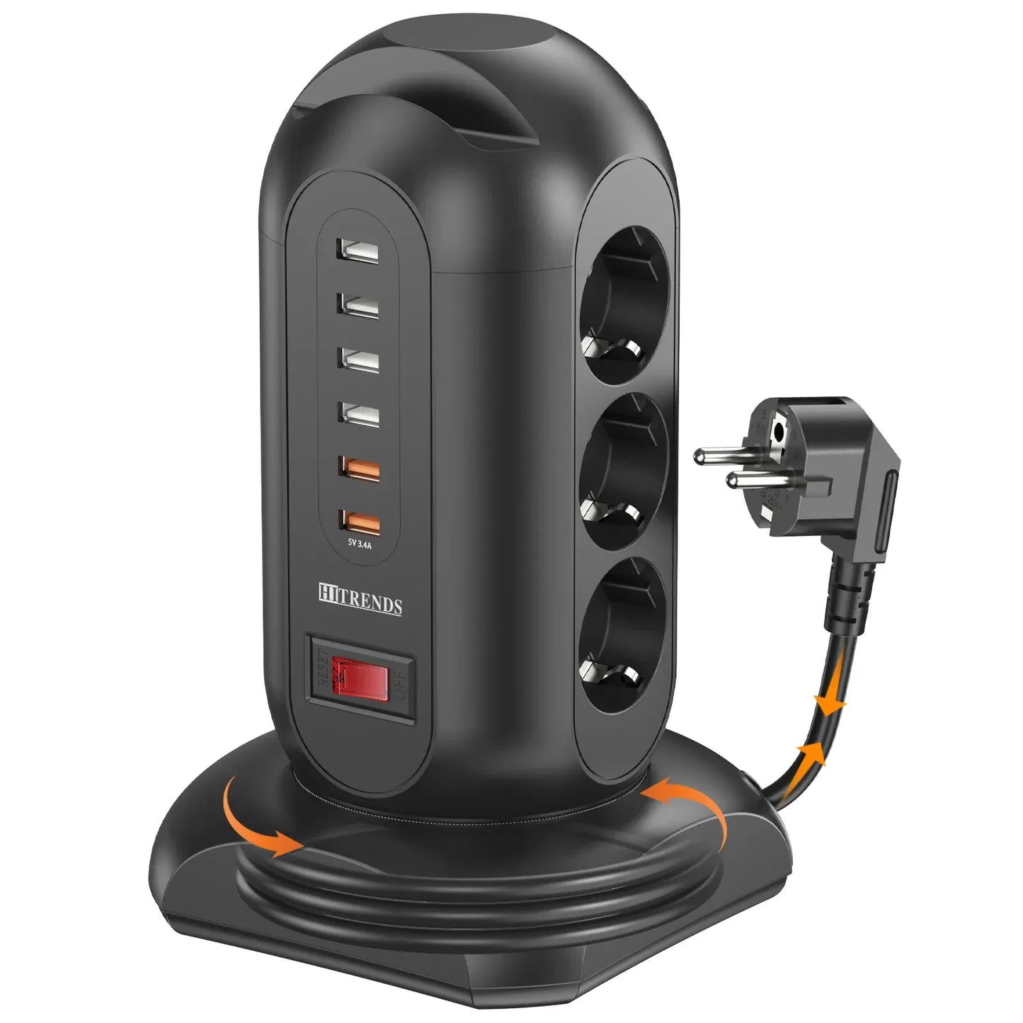 15-in-1 tower power strip 2500W, 9 sockets, 6 USB charging ports, retractable 1.8-meter extension cord expansion plug 15-in-1 tower power strip 2500W, 9 sockets, 6 USB charging ports, retractable 1.8-meter extension cord expansion plug