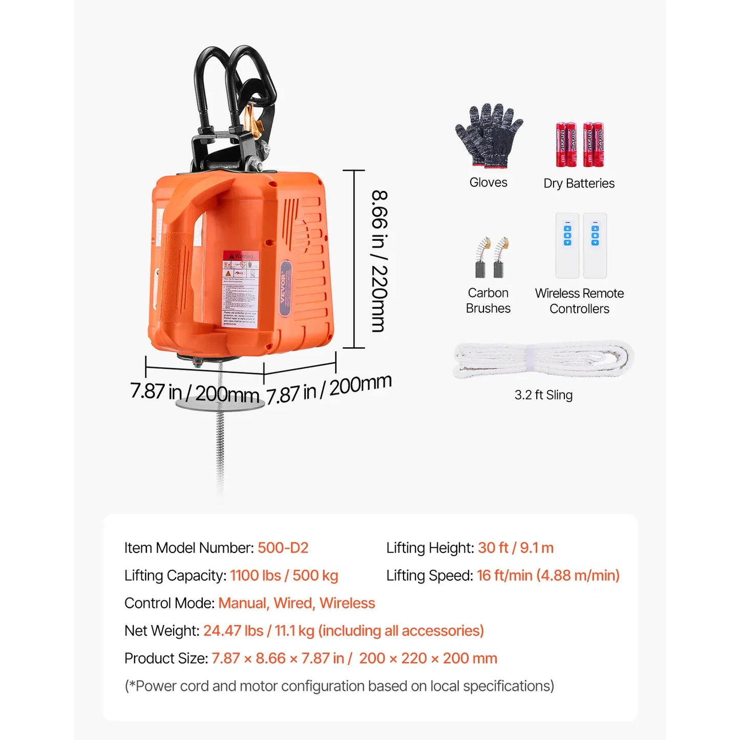 1500W Electric Hoist Winch | 1,100 lb, 30 ft Lift, 3-in-1 Control | Garage & Warehouse — Wahooly 1500W Electric Hoist Winch | 1,100 lb Capacity | 30 ft Lift | 3-in-1 Control | Garage, Warehouse & Construction