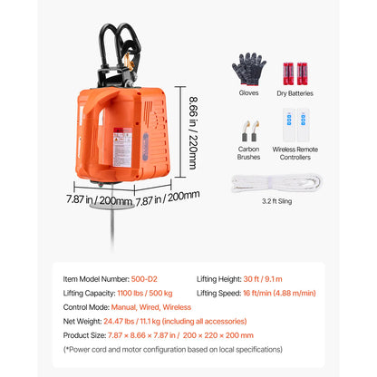 1500W Electric Hoist Winch | 1,100 lb, 30 ft Lift, 3-in-1 Control | Garage & Warehouse — Wahooly 1500W Electric Hoist Winch | 1,100 lb Capacity | 30 ft Lift | 3-in-1 Control | Garage, Warehouse & Construction