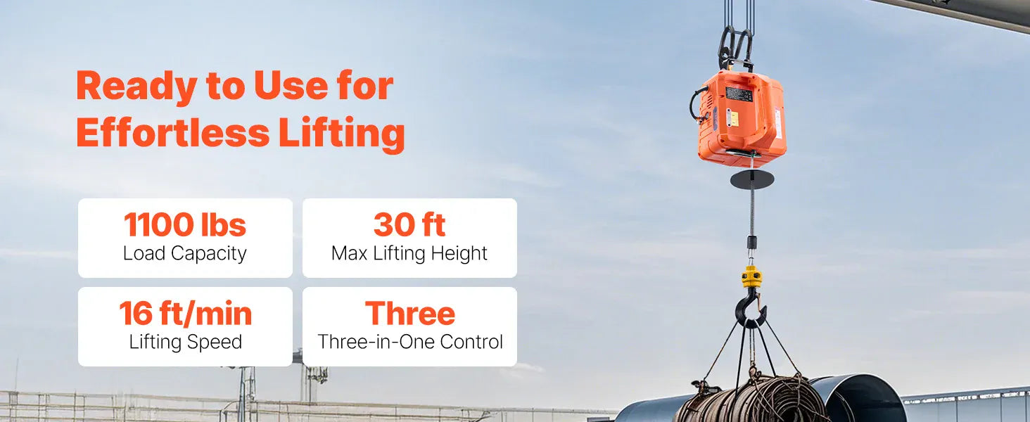 1500W Electric Hoist Winch | 1,100 lb, 30 ft Lift, 3-in-1 Control | Garage & Warehouse — Wahooly 1500W Electric Hoist Winch | 1,100 lb Capacity | 30 ft Lift | 3-in-1 Control | Garage, Warehouse & Construction