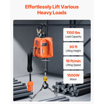 1500W Electric Hoist Winch | 1,100 lb, 30 ft Lift, 3-in-1 Control | Garage & Warehouse — Wahooly 1500W Electric Hoist Winch | 1,100 lb Capacity | 30 ft Lift | 3-in-1 Control | Garage, Warehouse & Construction