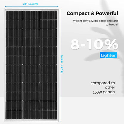 150W Monocrystalline Solar Panel 19.8V | Lightweight PET, IP67, Off-Grid RV & Boat — Wahooly 150W Monocrystalline Solar Panel | 19.8V PET Lightweight | 12V Battery Charging for RV, Boat, Caravan & Off-Grid