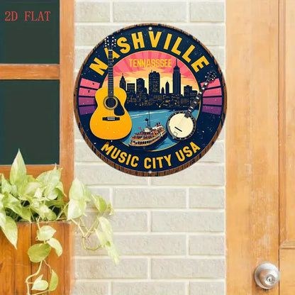 1pc Nashville Tennessee Music City USA Metal Wall Decor - Country Music-Themed Round Sign with Guitar, Banjo, and Skyline - Vint 1pc Nashville Tennessee Music City USA Metal Wall Decor - Country Music-Themed Round Sign with Guitar, Banjo, and Skyline - Vint