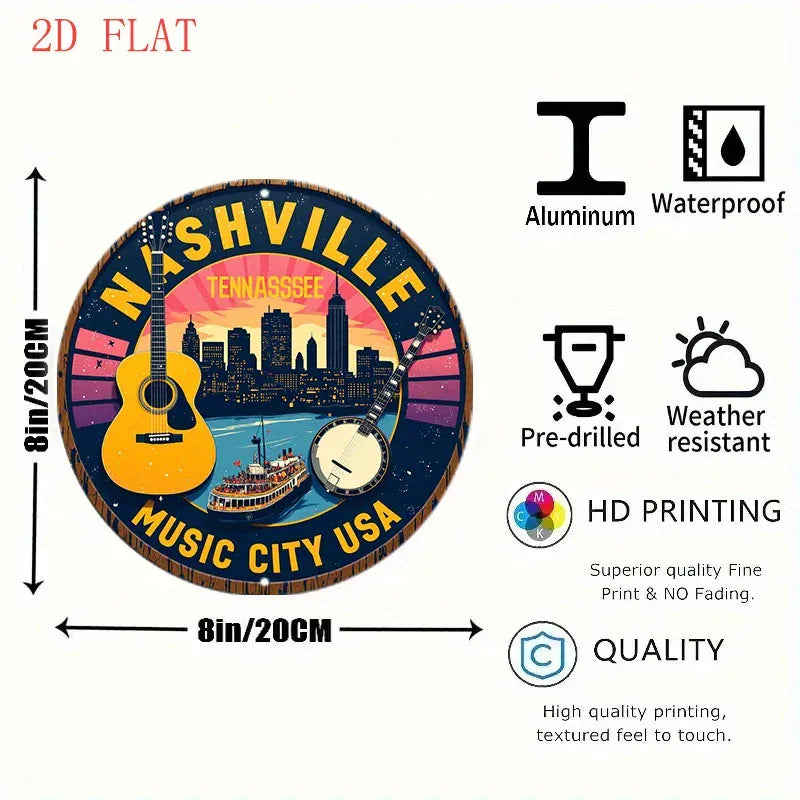 1pc Nashville Tennessee Music City USA Metal Wall Decor - Country Music-Themed Round Sign with Guitar, Banjo, and Skyline - Vint 1pc Nashville Tennessee Music City USA Metal Wall Decor - Country Music-Themed Round Sign with Guitar, Banjo, and Skyline - Vint
