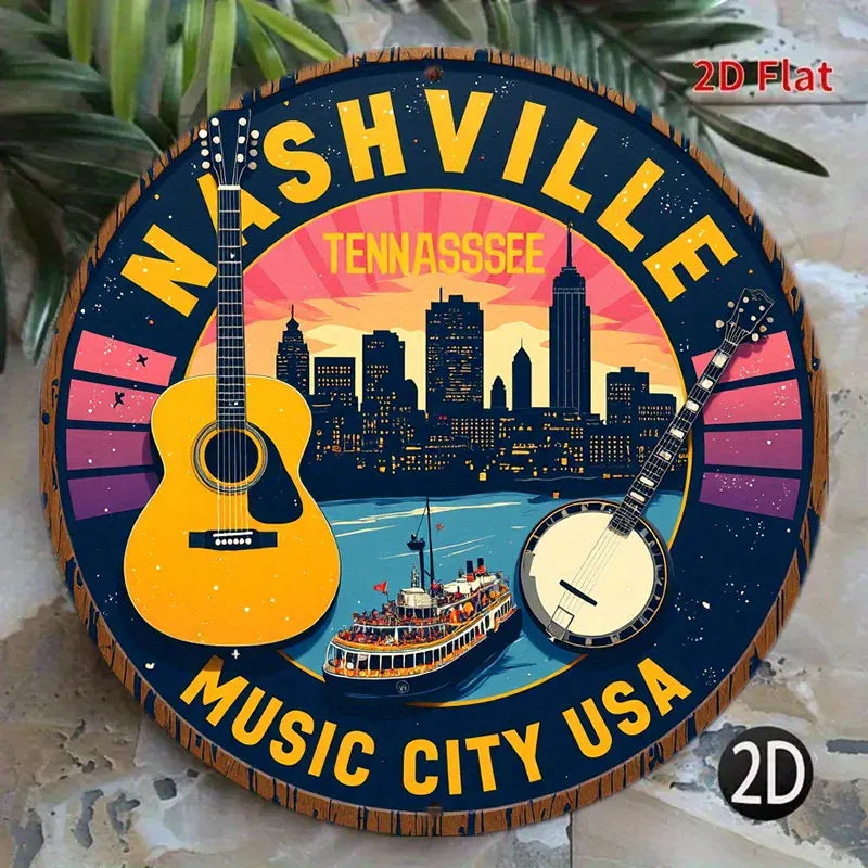 1pc Nashville Tennessee Music City USA Metal Wall Decor - Country Music-Themed Round Sign with Guitar, Banjo, and Skyline - Vint 1pc Nashville Tennessee Music City USA Metal Wall Decor - Country Music-Themed Round Sign with Guitar, Banjo, and Skyline - Vint