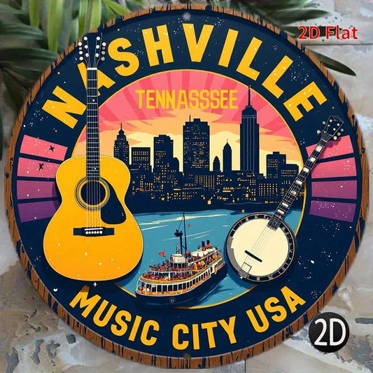 1pc Nashville Tennessee Music City USA Metal Wall Decor - Country Music-Themed Round Sign with Guitar, Banjo, and Skyline - Vint 1pc Nashville Tennessee Music City USA Metal Wall Decor - Country Music-Themed Round Sign with Guitar, Banjo, and Skyline - Vint