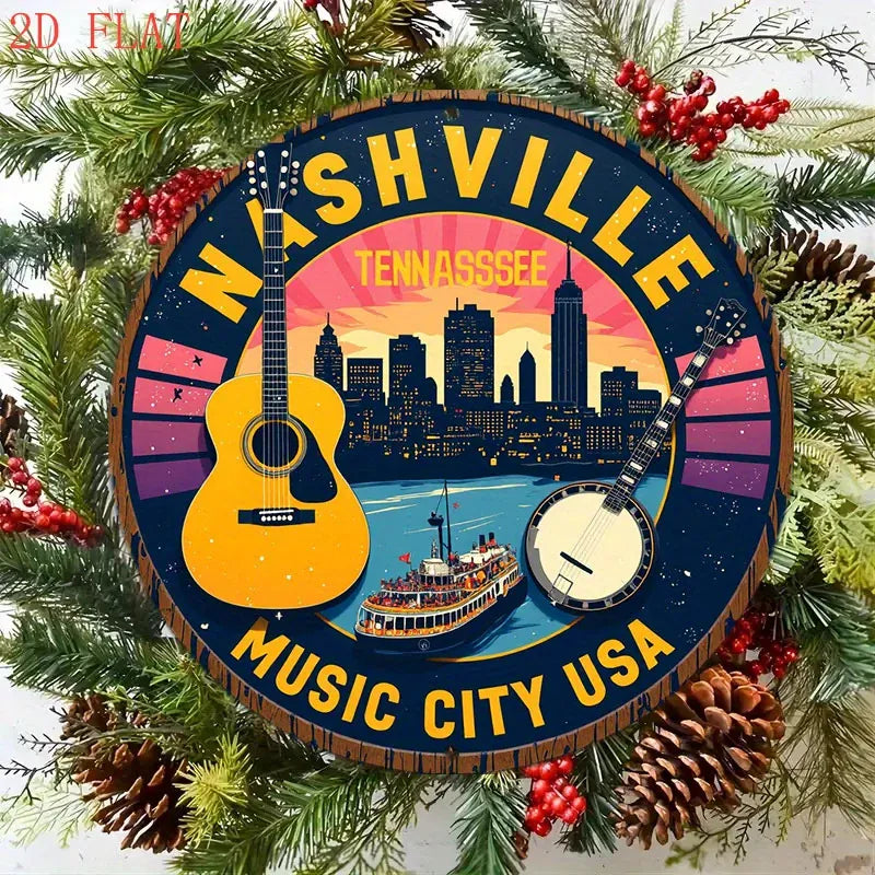 1pc Nashville Tennessee Music City USA Metal Wall Decor - Country Music-Themed Round Sign with Guitar, Banjo, and Skyline - Vint 1pc Nashville Tennessee Music City USA Metal Wall Decor - Country Music-Themed Round Sign with Guitar, Banjo, and Skyline - Vint